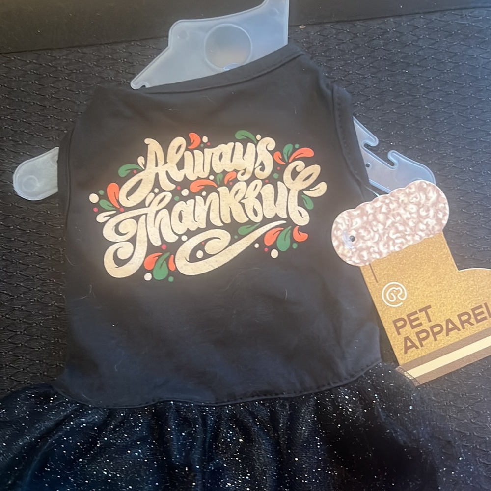 Pet apparel size XS dog dress, always thankful print black